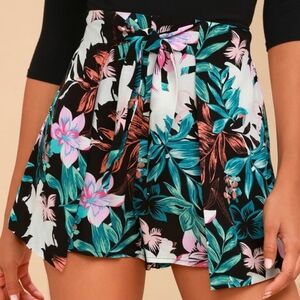 Lulu's Green Black Pink Tropical High Waist Front Tie Shorts Size Small